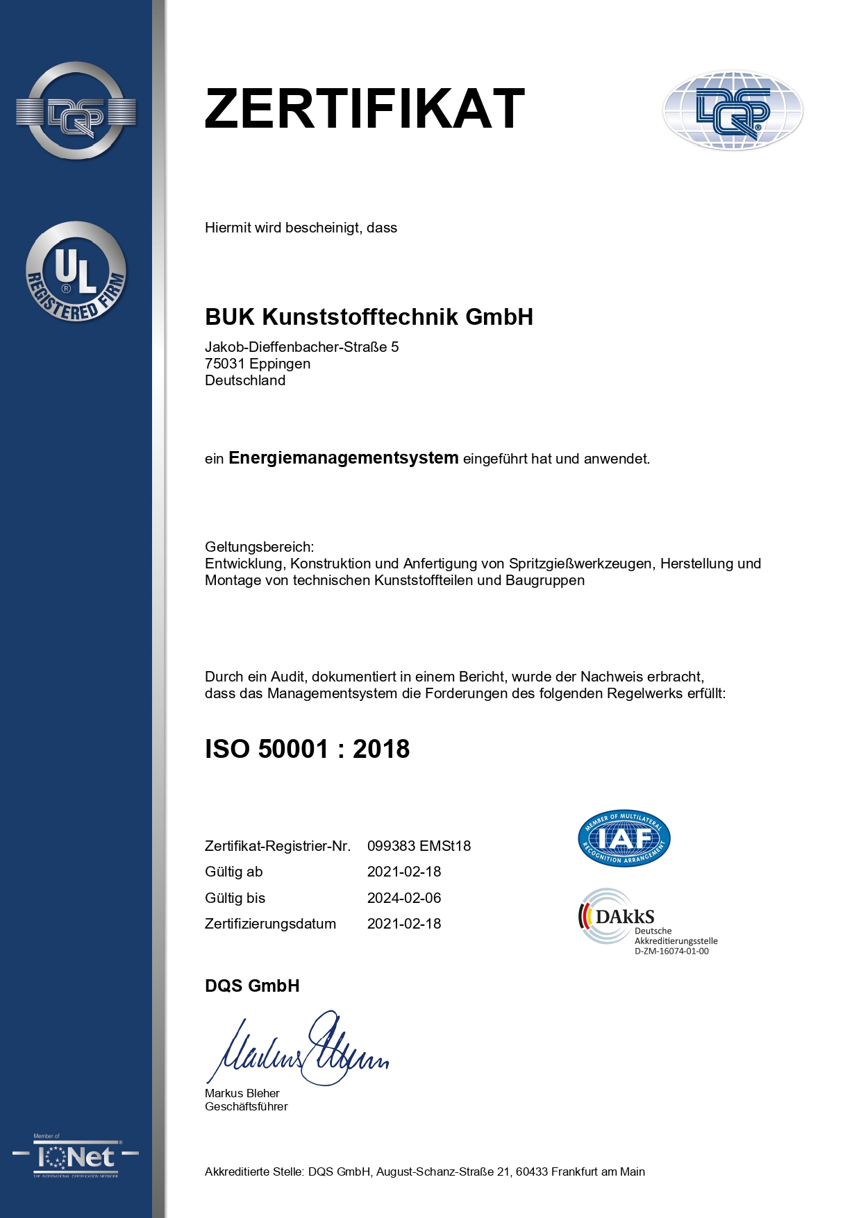 Zertifikat ISO 50001:2018 Energiemanagement BUK Kunststofftechnik GmbH herunterladen
