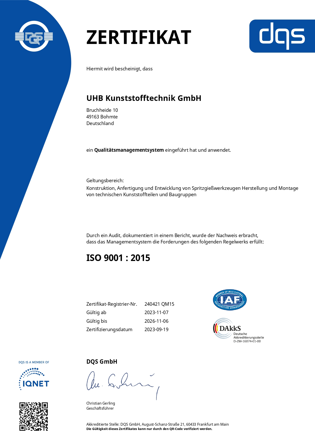 Zertifikat ISO 9001:2015 Qualitätsmanagement UHB Kunststofftechnik GmbH herunterladen